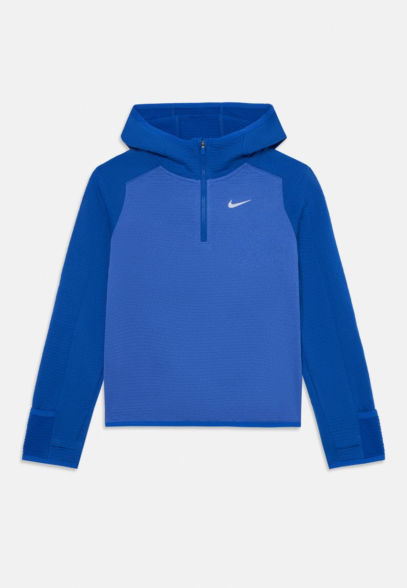 Blaues Sport-Hoodie mit einem Reißverschluss am Kragen, Kapuze und langen Ärmeln. Strukturierter Stoff mit glatten Akzenten, versehen mit einem kleinen Nike-Logo auf der Brust.