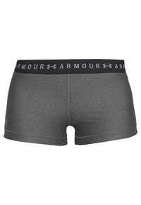Szare szorty sportowe z teksturowanej tkaniny, z czarnym elastycznym paskiem w talii oznaczonym napisem "ARMOUR" w szarym kolorze. Krótki krój nogawki i minimalne detale w przeszyciach.