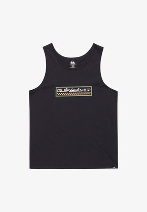 Zwarte tanktop van katoen met een ronde hals. Kenmerkt zich door een kleurrijk "Quiksilver"-logo en een dambordpatroon op de voorkant.