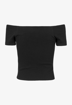 Top negru cu nervuri, cu umeri descoperiți, mâneci scurte, formă ajustată, textură netedă și un design curat și simplu.