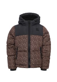 Kinderen pufferjas met luipaardprint, zwarte schouders, rits aan de voorkant, capuchon en ritszakken aan de zijkant.