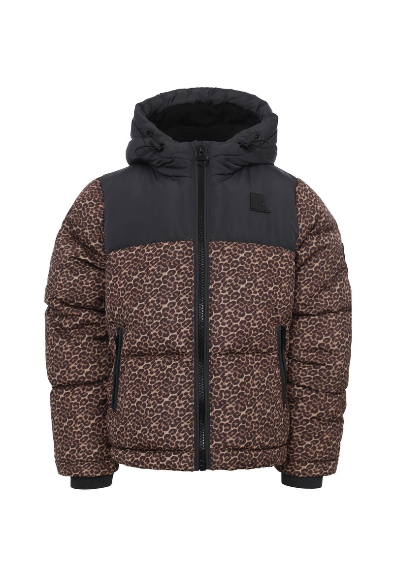 Kinderen pufferjas met luipaardprint, zwarte schouders, rits aan de voorkant, capuchon en ritszakken aan de zijkant.