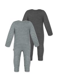Zwei langärmlige Babybodysuits: einer grau mit weißen Streifen, der andere einfarbig dunkelgrau. Beide verfügen über Druckknopfverschlüsse an den Seiten.