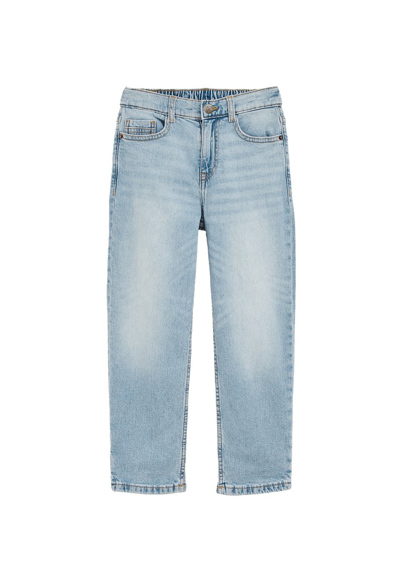 Šviesiai mėlynos džinsinės kelnės su tiesiu kirpimu, elastine juosta ir penkių kišenių dizainu. Minkšta tekstūra su išblukusiu atspalviu ir matomomis siūlėmis.