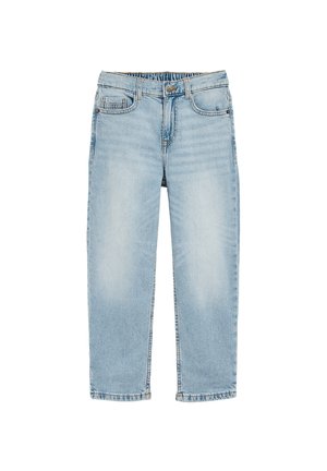 Jeans in denim blu chiaro con taglio dritto, cintura elasticizzata e design a cinque tasche. Texture morbida con lavaggio scolorito e cuciture visibili.