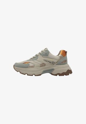 Lys beige sneakers med mesh og imiteret læder detaljer. Har en kraftig sål, diskrete metalliske elementer og en tekstureret overdel.