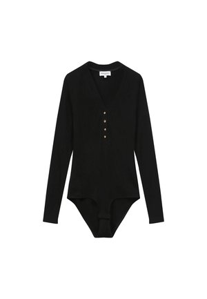Body nero a maniche lunghe con scollatura a V, dotato di cinque bottoni e texture a costine. Design aderente con fondo senza cuciture.