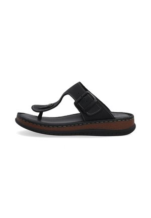 Sort lædersandal med tæerem og justerbar sidelukning, med hvid syning og en brun tekstureret mellemsål. Gummiydersål.