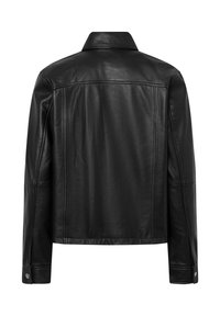 Chaqueta de cuero negro vista desde la parte de atrás, con mangas largas, costuras cosidas, un cuello y puños con botones a presión.