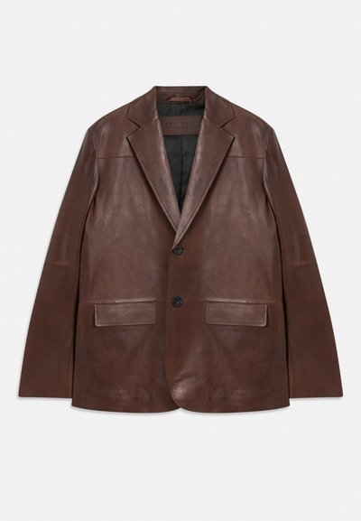 Dark brown leather blazer with notch lapels, two black buttons, flap pockets, and black inner lining, laid flat on white background.