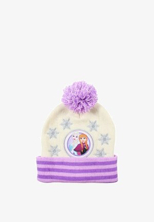 Bonnet d'hiver en tricot crème avec pompon violet, bordure rayée, flocons de neige argentés et écusson circulaire présentant deux personnages féminins animés.
