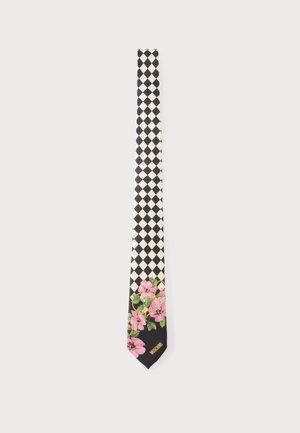 Zwart-wit geruite stropdas met roze bloemmotief en groene bladeren nabij de tip, met een klein gouden Moschino-logo.