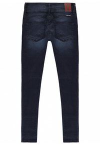 Dunkelblaue Skinny Jeans aus Denim mit hohem Bund, fünf Taschen und einem Lederpatch auf der Rückseite.