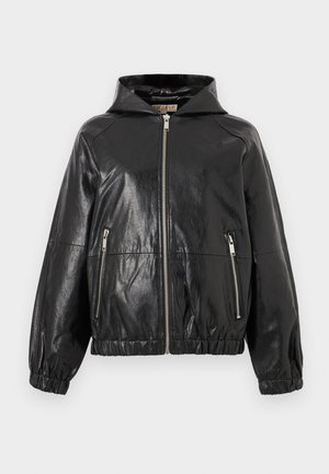 Black shiny leather hooded jacket with front zipper and two vertical zippered pockets, elastic cuffs, and waistband.