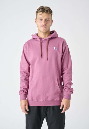 Pink hoodie with a front pocket, drawstring hood, and white-blue bird embroidery on the chest. Cotton material, relaxed fit, long sleeves.