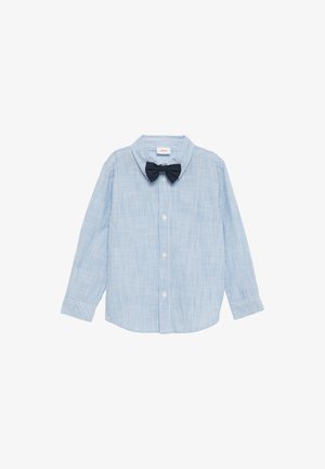 Blauw-wit gestreept overhemd met lange mouwen, een klassieke kraag en een marineblauwe strik. Gemaakt van lichte stof, met knoopsluitingen.