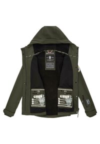 Olive green parka with a lined interior, featuring black zippered pockets and decorative graphics on the pocket flaps and labels.