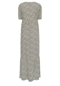Maxi sukienka z lekkiego materiału, z wzorem czarno-brązowych plamek na kremowym tle, z krótkimi rękawami i rozkloszowanym dołem.
