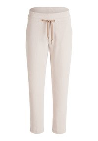 Beige Jogger-Hosen aus strukturiertem Stoff, mit elastischem Bund, Kordelzug und schlanken, schmal zulaufenden Beinen.