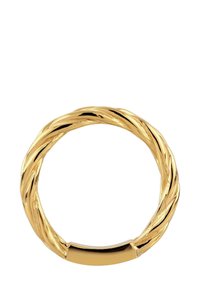 Goldfarbiger, gedrehter Metallring mit einer glatten, polierten Oberfläche. Er zeichnet sich durch eine abgerundete Form und eine strukturierte Oberfläche aus, die visuelles Interesse schafft.