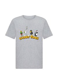 Gray cotton t-shirt featuring colorful Looney Tunes characters: Marvin the Martian, Bugs Bunny, Daffy Duck, Sylvester. Bold yellow text below.
