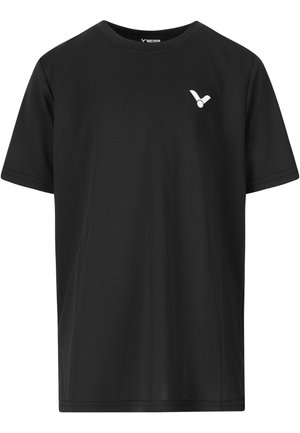 Sort kortærmet sport T-shirt med rund hals og lille hvid Victor-logo på venstre bryst.