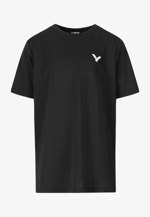 Sort kortærmet sport T-shirt med rund hals og lille hvid Victor-logo på venstre bryst.