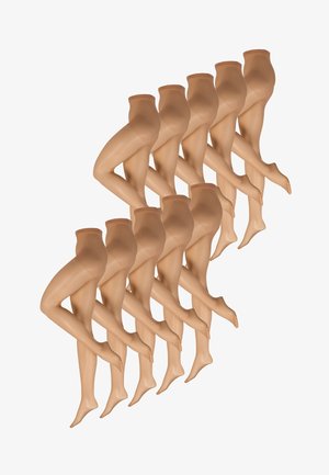 Transparente hautfarbene Strumpfhose mit glatter Textur, elastischem Bund und einem dezenten Schimmer, der einen natürlichen Hautton von der Taille bis zum Knöchel zeigt.