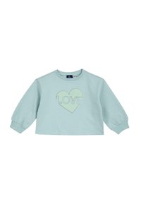 Sweatshirt court vert menthe clair avec de longues manches bouffantes, présentant un design de cœur avec le mot "AMOUR" au centre. Texture de tissu douce.