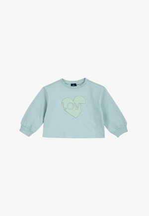 Sudadera corta de un suave verde menta con mangas largas y abullonadas, presenta un diseño de corazón con la palabra "AMOR" en el centro. Textura de tela suave.