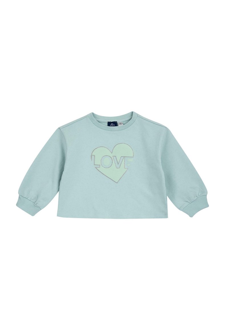Sweatshirt court vert menthe clair avec de longues manches bouffantes, présentant un design de cœur avec le mot "AMOUR" au centre. Texture de tissu douce.