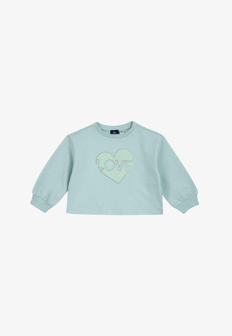 Sweatshirt court vert menthe clair avec de longues manches bouffantes, présentant un design de cœur avec le mot "AMOUR" au centre. Texture de tissu douce.