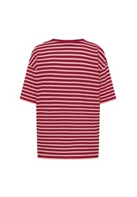 Red and pink striped short-sleeve T-shirt with a crew neck and relaxed fit, featuring a plain back and soft, lightweight fabric.