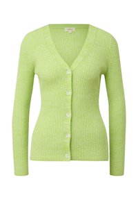 Cardigan en maille côtelée vert clair avec col en V, manches longues et cinq boutons blancs sur le devant.
