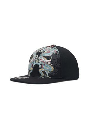 Schwarze Baseballkappe mit einem bunten, gestickten Drachendesign auf dem Vorderteil und weißem Text auf dem flachen Schirm.