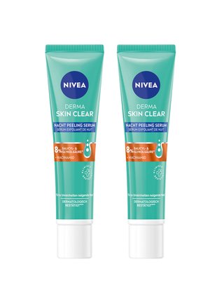Two turquoise tubes of Nivea Derma Skin Clear Night Peeling Serum, featuring white caps and blue logos. Text highlights salicylic acid and niacinamide.