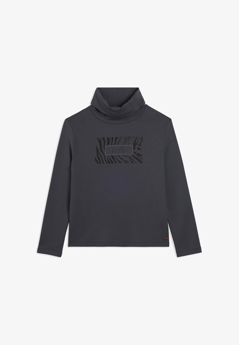 Sudadera de cuello alto en gris oscuro, con un diseño de estampado de cebra texturizado, un gráfico rectangular y un pequeño logotipo en el centro. Tejido suave.