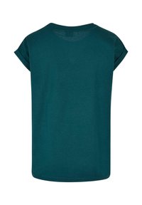 Teal bomull t-shirt, korta ärmar, rund halsringning, avslappnad passform, slät textur, enkel design, inga synliga logotyper eller mönster.