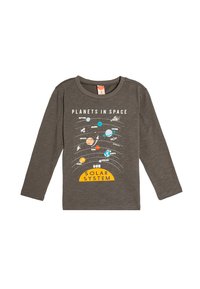Mørkegrå langærmet skjorte med et solar-system grafik, der viser planeter og teksten "PLANETER I RUMMET". Blødt, let stof.