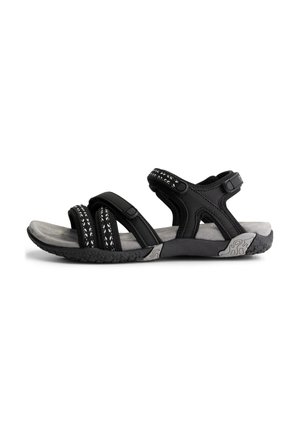 Zwarte open teen sandalen met verstelbare banden, voorzien van een gestructureerde grijze binnenzool en een gestreepte acccent op de banden, geschikt voor gebruik buitenshuis.