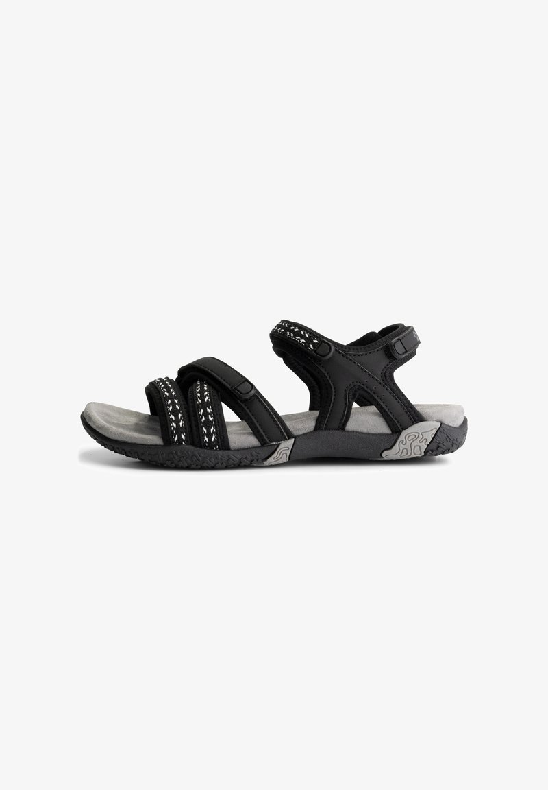 Zwarte open teen sandalen met verstelbare banden, voorzien van een gestructureerde grijze binnenzool en een gestreepte acccent op de banden, geschikt voor gebruik buitenshuis.