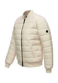 Gevoerde bomberjack in crème met een zwarte rits, geribbelde kraag en manchetten, en zijzakken. Bevat een ronde logopatch op de mouw.