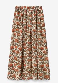 Blumenmuster-Rock mit elastischem Bund. Enthält lebendige rote und grüne Muster auf einem beigen Hintergrund, aus leichtem Stoff gefertigt.