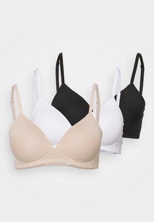 Drie bh's in beige, wit en zwart. Elk heeft een gladde, rekbare stof, driehoekige cups en verstelbare bandjes voor de juiste pasvorm.