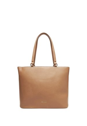 Tote-Bag aus braunem Leder mit zwei Griffen und dem "JENNY"-Logo, das mittig vorne geprägt ist.