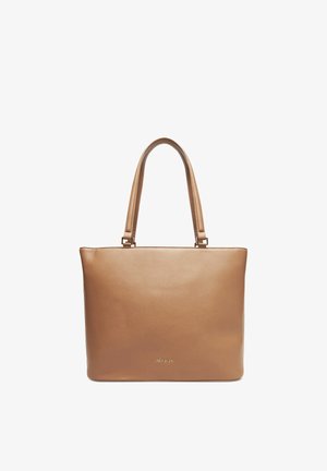 Bolso tote de cuero color camello con dos asas y el logotipo "JENNY" grabado en el centro del frente.