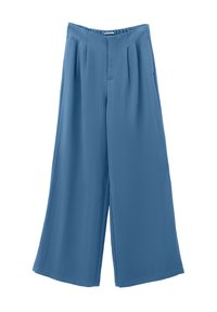 Blauwe wijde broek van lichtgewicht stof, met een hoge taille, plooien en een gladde textuur.