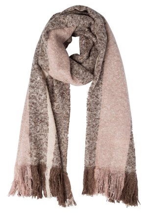 Měkká pletená šála v odstínech hnědé a béžové s texturovaným vzorem a třásněmi na koncích, volně přehozená.