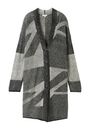 Šedý a čierny pletený kardigán so štruktúrovaným povrchom, geometrickými vzormi, výstrihom do V a gombíkovým zapínaním vpredu.