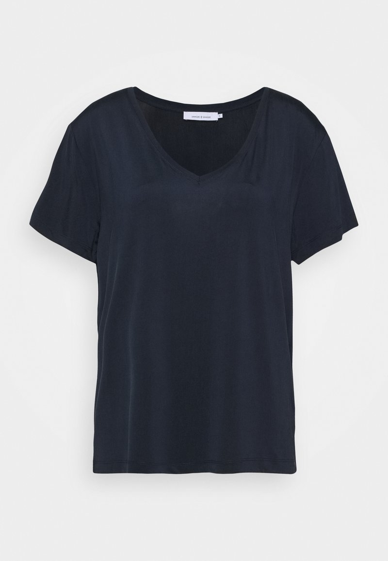 T-shirt bleu marine à manches courtes avec col en V et ourlet droit, présenté à plat sur fond blanc.